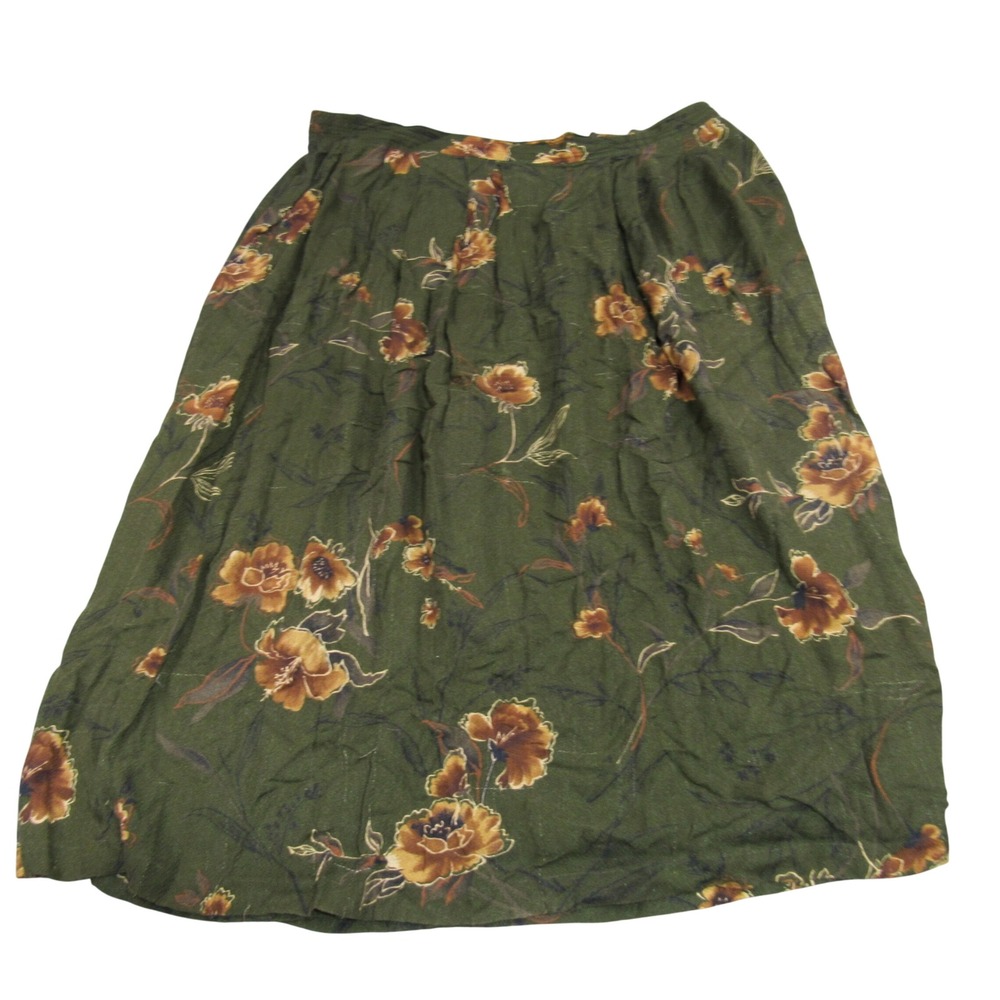 Sag Harbor Woman Olive Green Floral Rayon Midi Skirt Elastic Waist 1X F04099